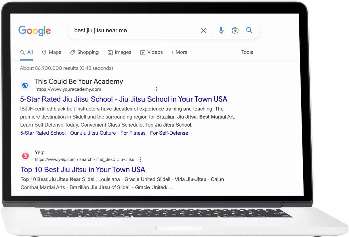 Our on-page local SEO for jiu jitsu gets your website in front of prospective students searching for your jiu jitsu services now